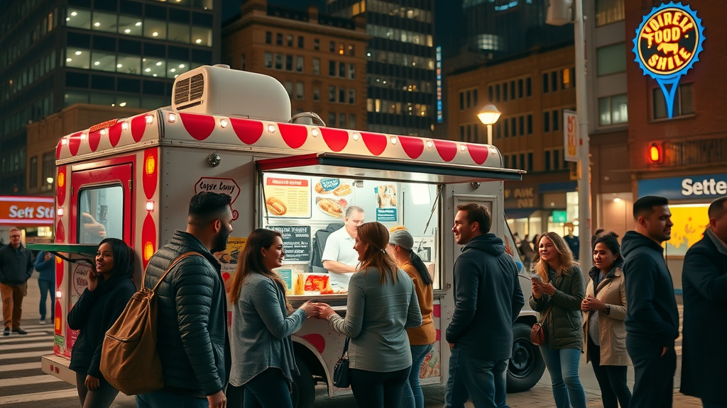 American restaurant food truck in Seattle serving happy customers at night