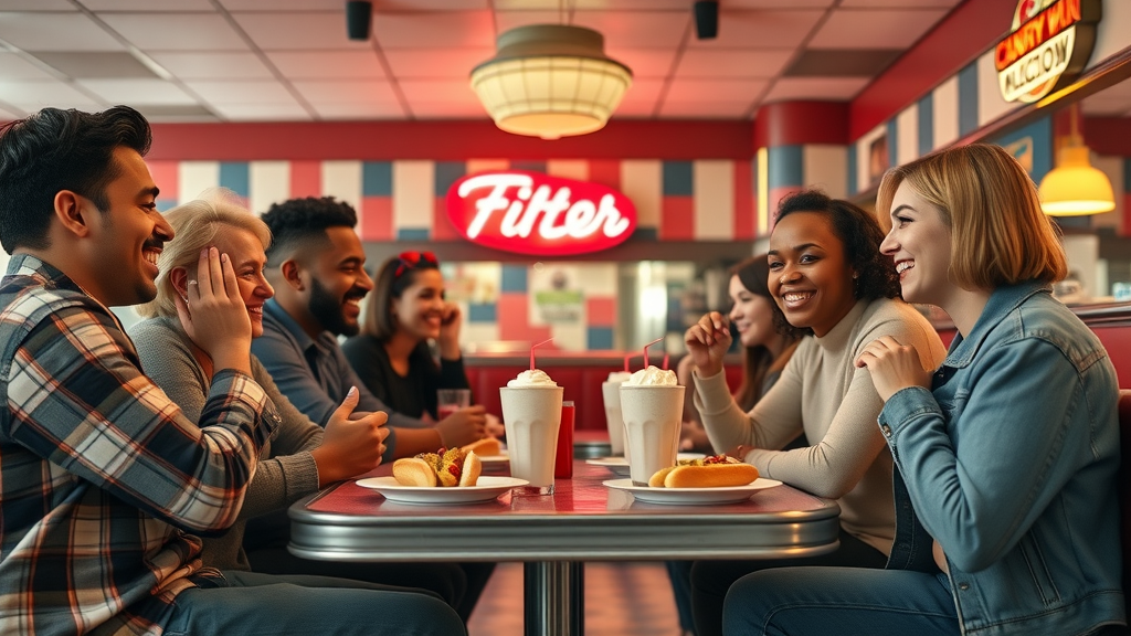 Friends sharing classic American comfort food in cozy Seattle diner