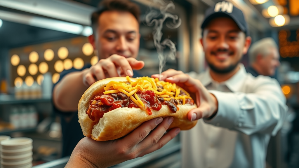 Loaded chili cheese hot dog served by American restaurant staff in Seattle