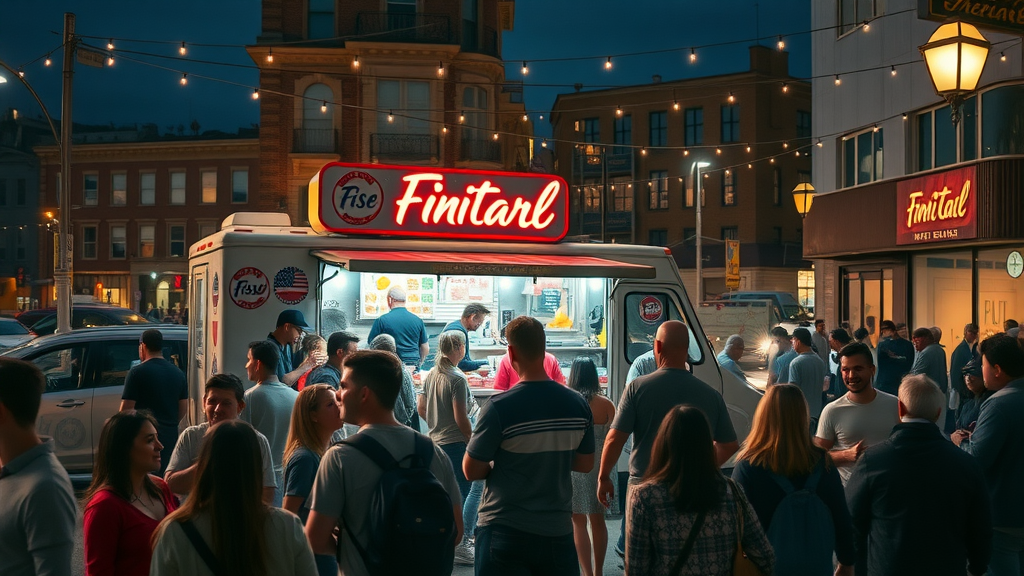 Late-night crowd at American restaurant food truck in vibrant Seattle setting