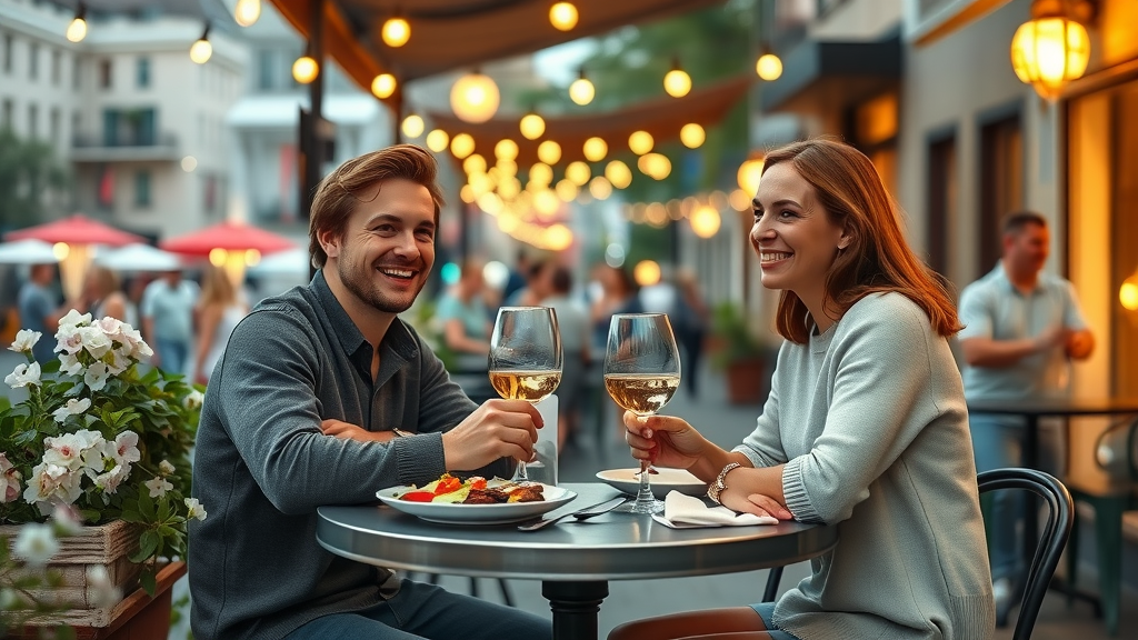 Lively bistro patio dining with couple enjoying seasonal cuisine outdoors