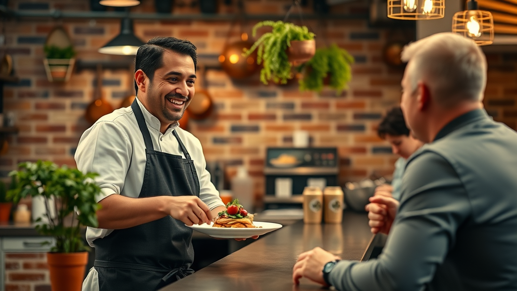 Bistro chef creating artful seasonal dish in a cozy, inviting kitchen setting