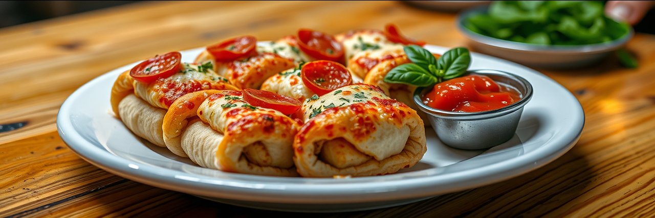 Gourmet pizza rolls with marinara sauce at a pizza restaurant