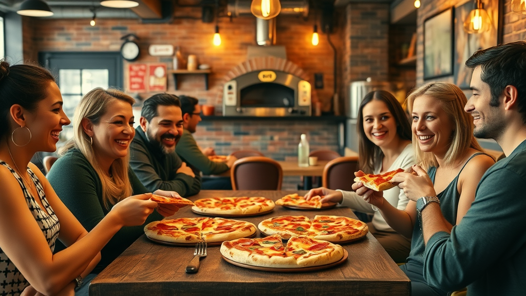 Happy friends enjoying pizza at a cozy pizza restaurant with vibrant décor
