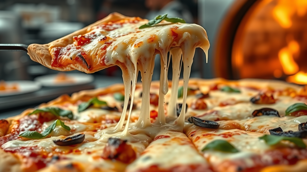 Delicious artisan pizza slice with melted cheese in a lively pizza restaurant