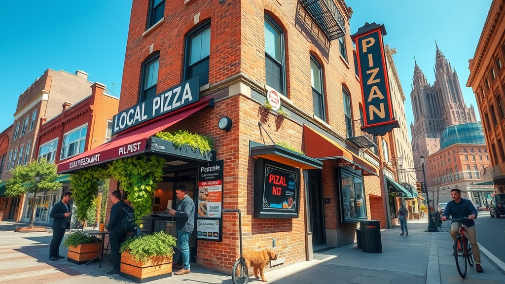Charming pizza restaurant with outdoor seating on a sunny downtown street