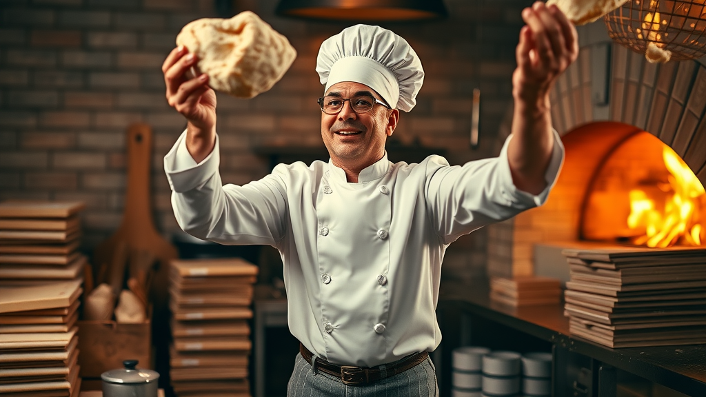 Skilled pizza chef tossing dough in a vibrant pizza restaurant kitchen