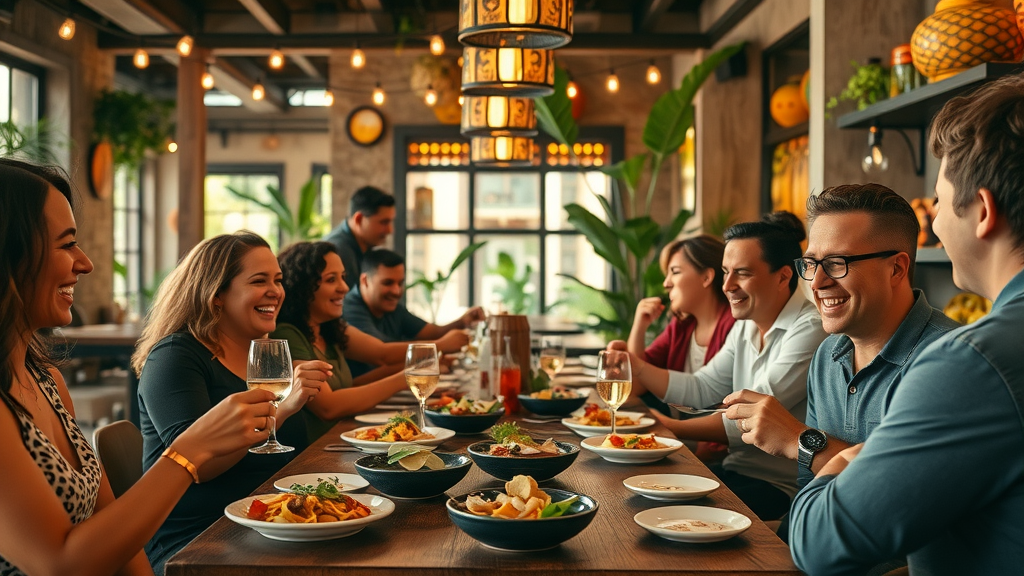 Lively Spanish-Mexican restaurant with friends sharing tapas at rustic tables