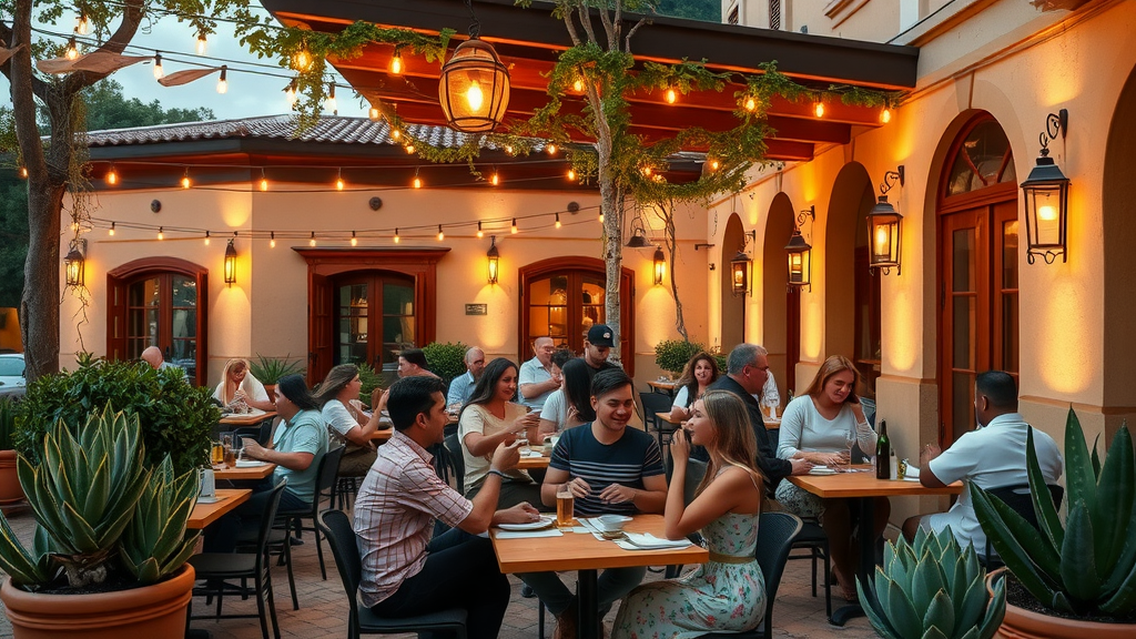Cozy Spanish-Mexican restaurant patio in Phoenix with diners enjoying the evening