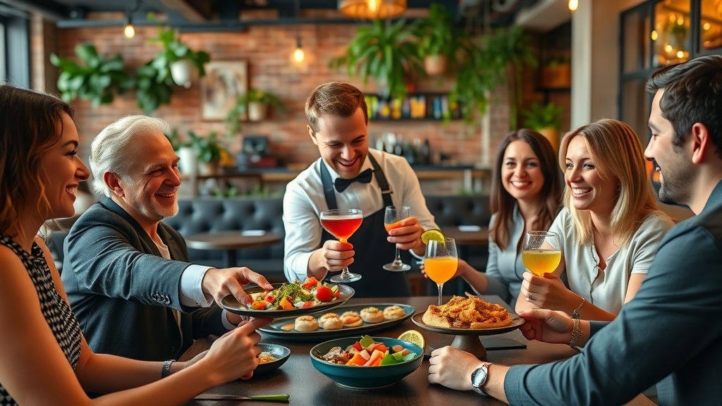 Server presents fusion tapas in stylish Spanish-Mexican restaurant ambiance