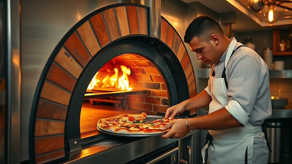 Chef preparing artisan pizza in a European-inspired gastropub wood-fired oven
