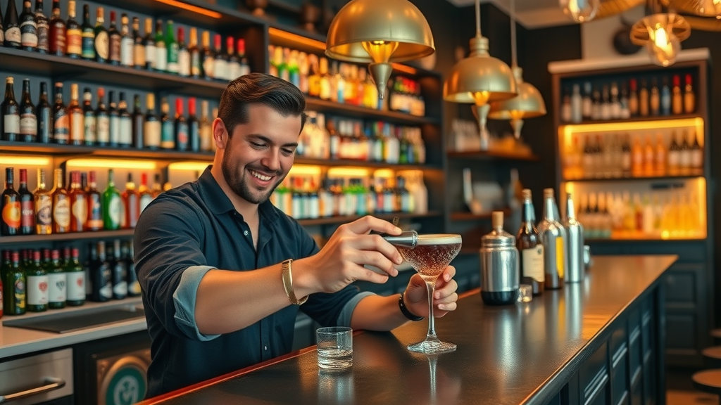 Bartender making craft cocktails at European-inspired gastropub bar