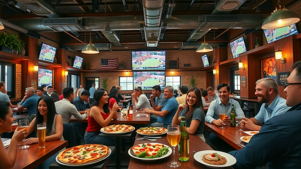 Guests enjoying an NFL game at a vibrant European-inspired gastropub with artisan food